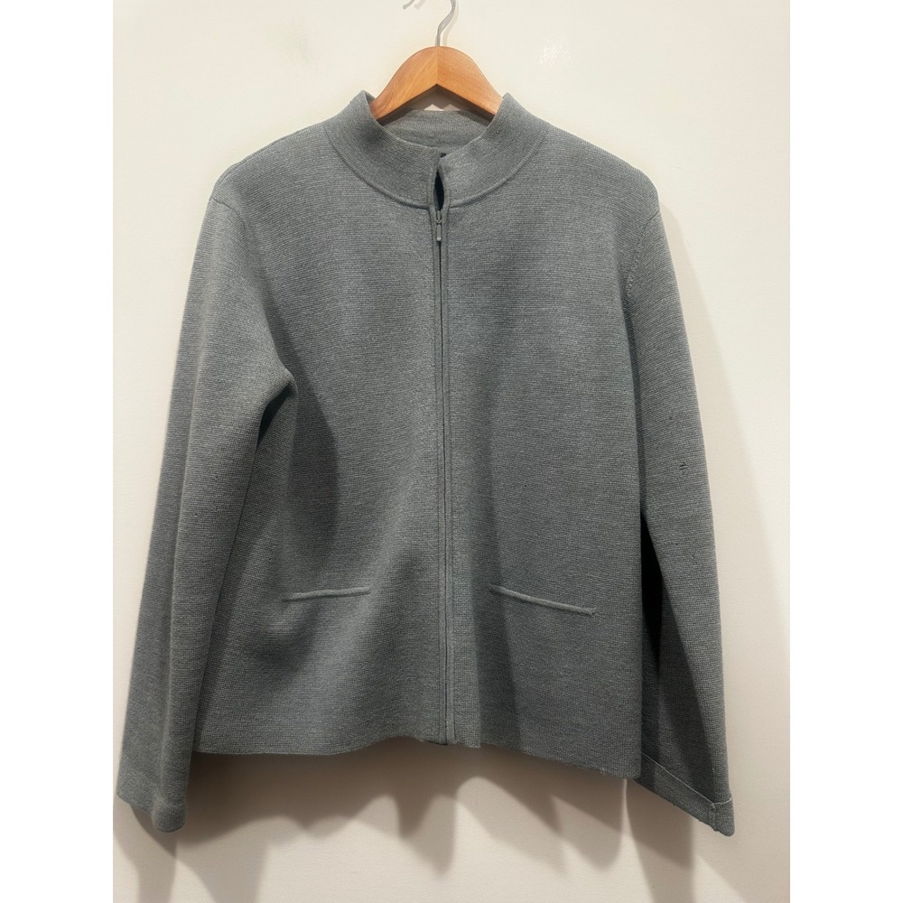 Eileen Fisher Grey 100% Wool Italian Yarn Full Zip Cardigan Sweater Size M